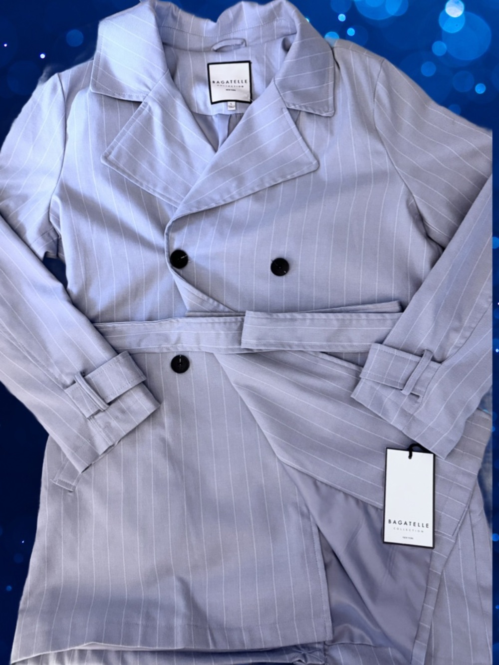 NWT Womens Bagatelle New York Light Blue Pinstripe Double-Breasted Trench Coat L